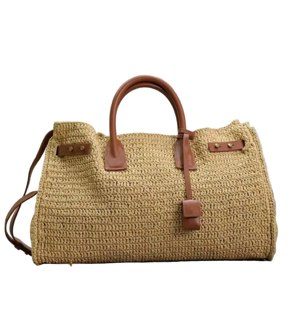 Luxury Straw Leather Accent Vacation Beach Handbag