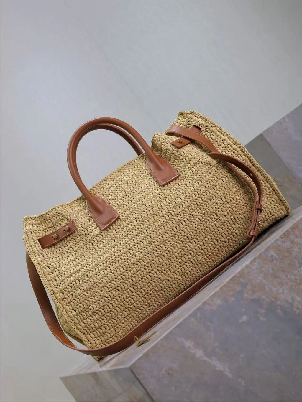 Luxury Straw Leather Accent Vacation Beach Handbag
