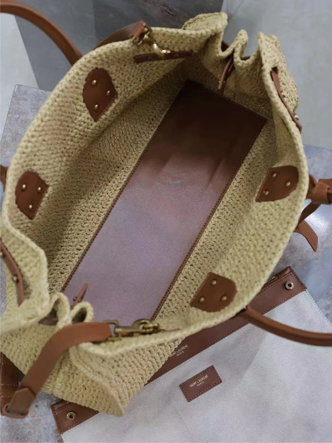 Luxury Straw Leather Accent Vacation Beach Handbag