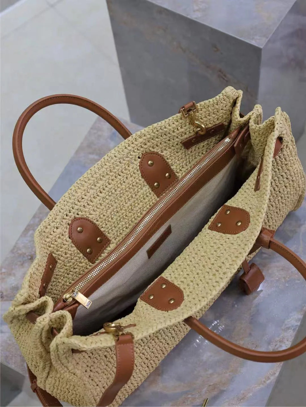 Luxury Straw Leather Accent Vacation Beach Handbag