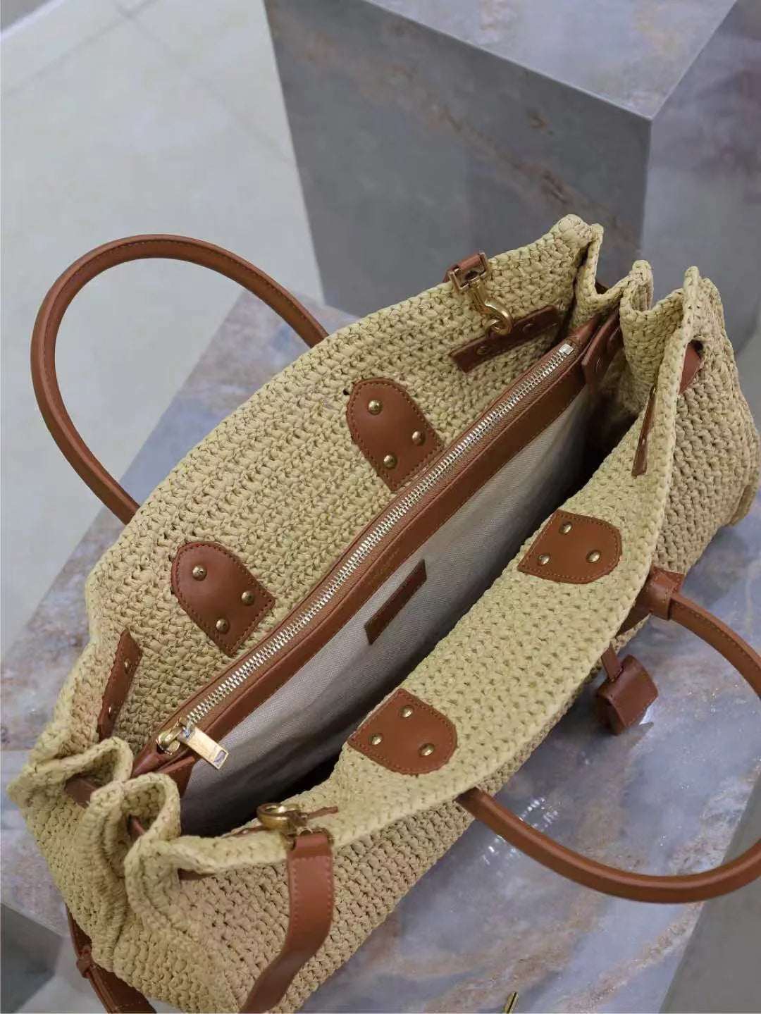 Luxury Straw Leather Accent Vacation Beach Handbag