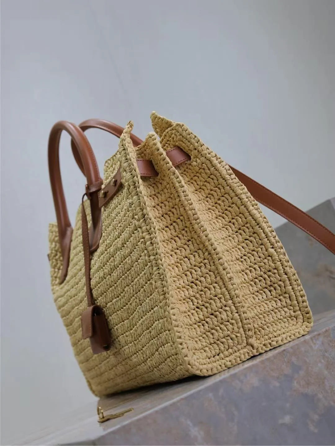 Luxury Straw Leather Accent Vacation Beach Handbag
